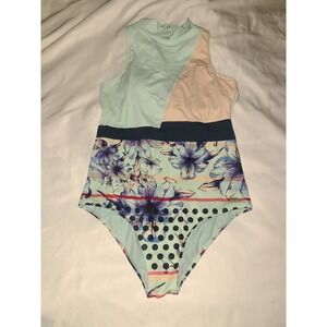 Roxy Women's One Piece Swimsuit Blue Floral Print Mock Neck Backless Size L